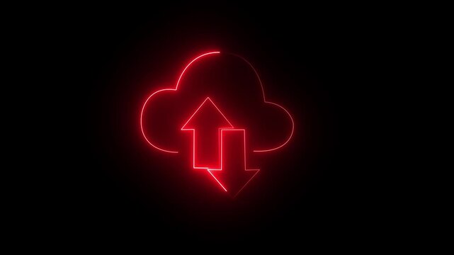 Neon digital cloud icon, data transfer animation. Glowing neon cloud storage with arrows, looped animation. 4k video animation.