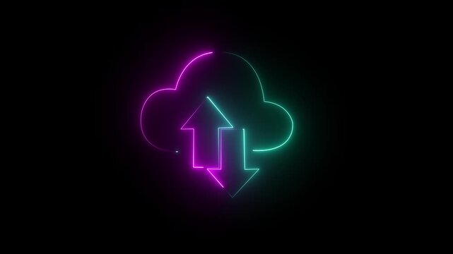 Neon digital cloud icon, data transfer animation. Glowing neon cloud storage with arrows, looped animation. 4k video animation.