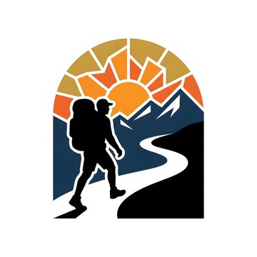 Hiker silhouette with backpack walking on mountain path at sunrise.