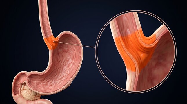 Medical illustration showing acid reflux or GERD affecting the lower esophageal sphincter and stomach.