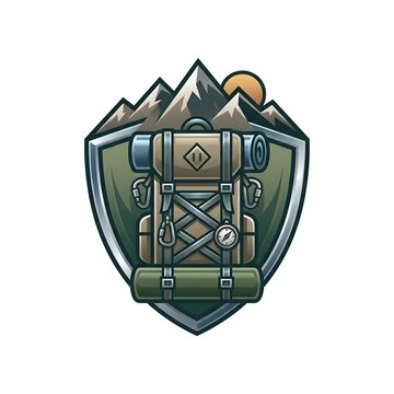Hiking Backpack with Mountains and Sun Badge Illustration.