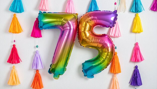 Colorful foil balloons forming seventy five number with party tassels background