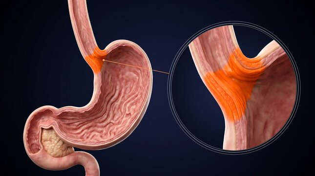 Detailed anatomical illustration of the human stomach and esophagus, highlighting a hiatal hernia or esophageal sphincter dysfunction.