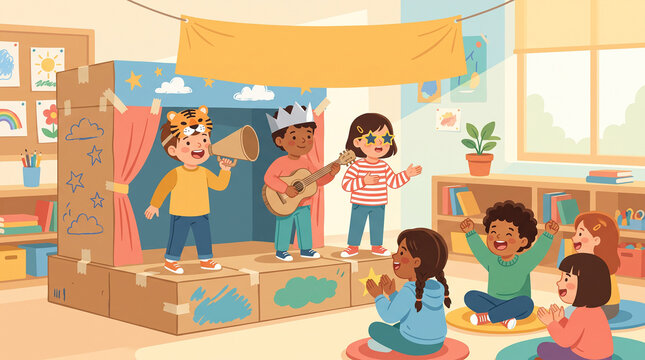 Children performing a puppet show with tiger puppet and guitar