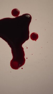 Blood dripping into viscous pool on neutral background for thriller crime scene, top view zoom in slow motion, bottom copy space, vertical video
