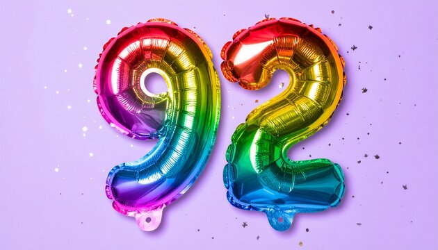 Rainbow Foil Balloons Shaping Number 92 on Purple Background