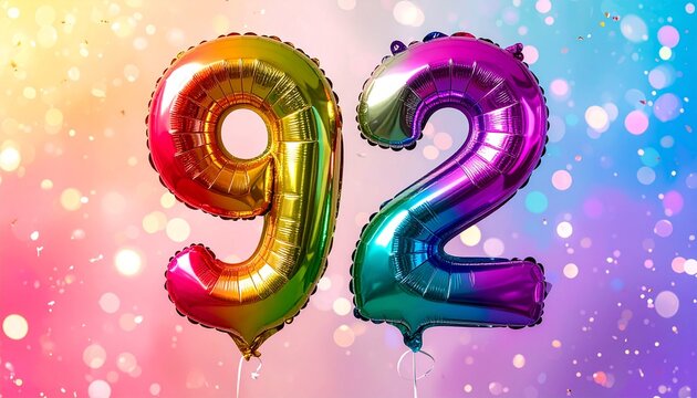 Colorful Rainbow Foil Balloons Displaying The Number Ninety Two For Celebration