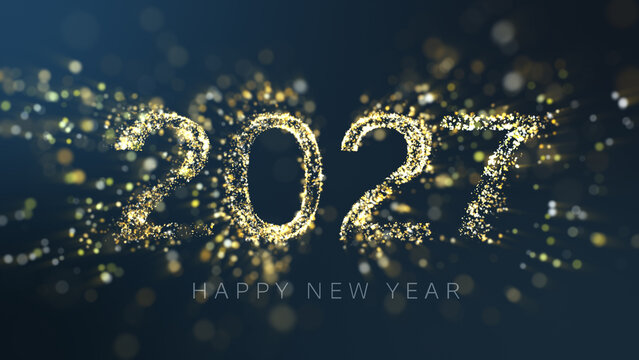 Luxurious 2027 Happy New Year typography made of gold sparkling dust and bokeh lights.