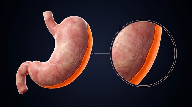 Anatomical illustration of the human stomach with a magnified view of its protective inner lining.