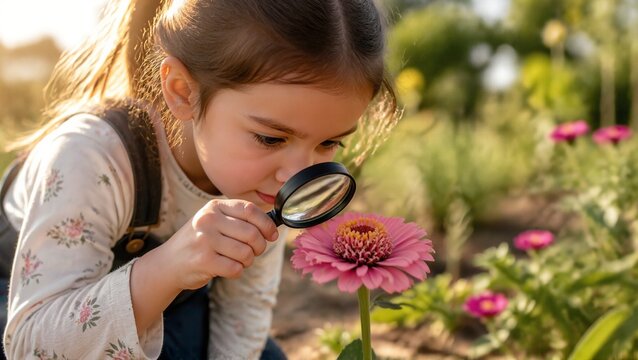 Girl examining flower closely with magnifying glass in garden