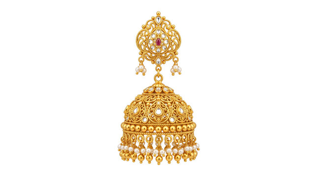 Traditional gold jhumka earring with intricate filigree, ornate Indian bridal jewelry, luxury 22k gold bell earring with pearls isolated PNG with Transparent Background