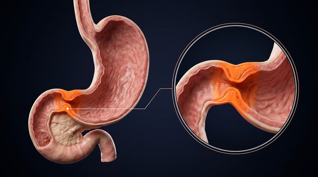 Detailed anatomical illustration of the human stomach and duodenum, highlighting a constricted pyloric sphincter.