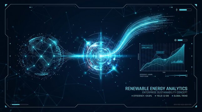 Futuristic holographic sustainable technology interface showing data analytics and digital energy efficiency metrics for global growth