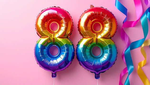 Colorful Rainbow Balloons Forming Number Eighty Eight on Pink Background