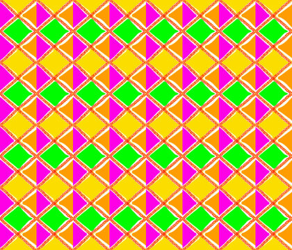 The vibrant checkerboard pattern features sharp pink shapes alternating perfectly with bold yellow and orange triangles creating a fun colorful mosaic.