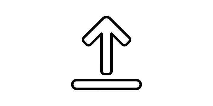 Minimalist upload arrow outline symbol over flat rectangular platform.
