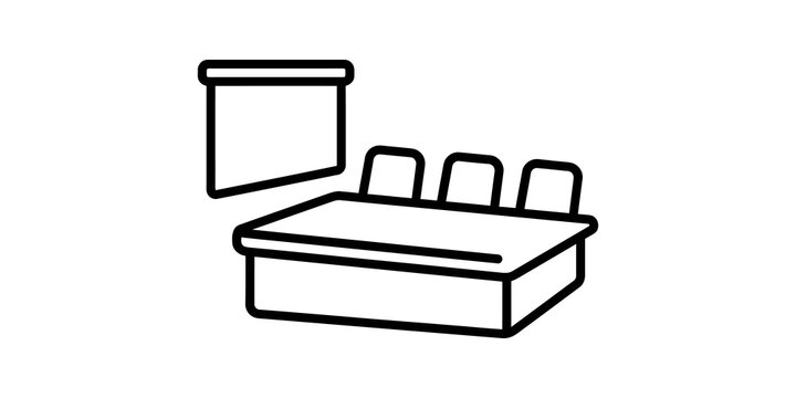 Conference room line icon with projection screen and meeting table row.