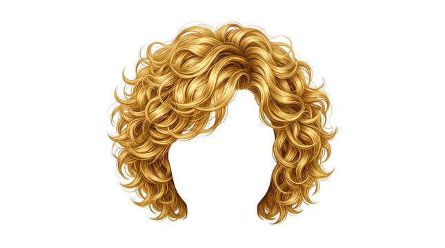 Blonde curly hair wig for women, golden wavy hairstyle with voluminous ringlets, realistic blonde hairpiece for fashion and beauty isolated PNG with Transparent Background