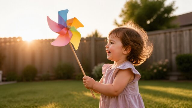 Toddler joyfully holding a colorful pinwheel in a sunny backyard