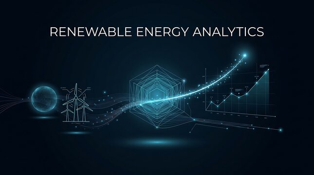 Futuristic holographic sustainable technology displaying renewable energy analytics and data growth charts on dark background