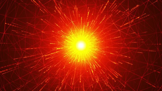 Abstract Futuristic Golden Digital Network Background with Glowing Central Light Burst, Particle Energy Explosion and Big Data Technology Connection Loop