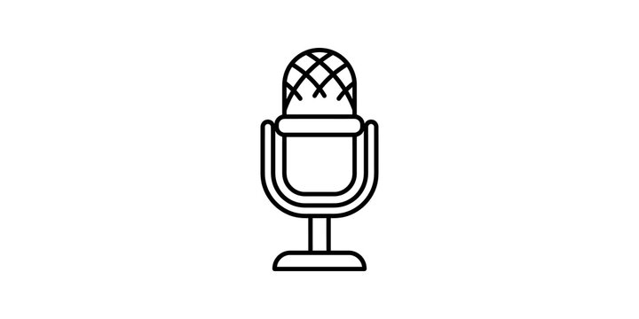 Retro condenser microphone icon in black outline for podcast and audio recording.