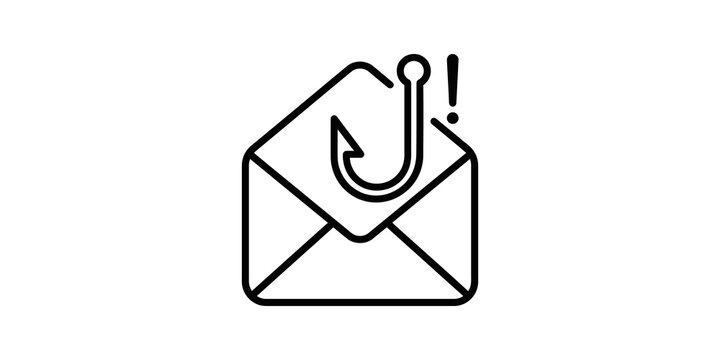 Phishing email with hook and exclamation mark black line flat icon attack.