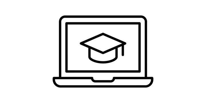 Online education laptop black line icon for digital learning platforms.