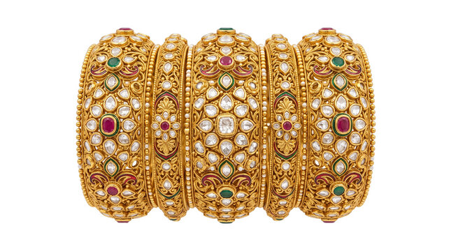 Traditional Indian gold bangles with kundan stones, ornate bridal jewelry set, luxury ethnic gold bracelets with rubies and emeralds isolated PNG with Transparent Background