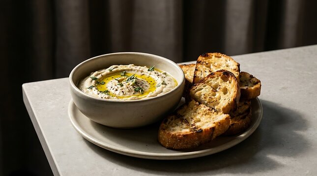 A bowl of creamy green hummus with olive oil and toasted bread slices served on a grey table top. dip and toast combo