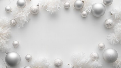 Naklejka premium Elegant silver ornaments and soft white feathers arranged in a graceful frame, creating a festive and luxurious atmosphere