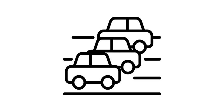 Traffic jam icon showing sequence of multiple cars driving on road.