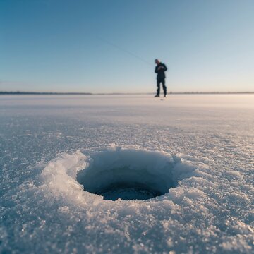 A person ice fishing on a frozen lake on a sunny day, with a hole in the ice in the foreground.