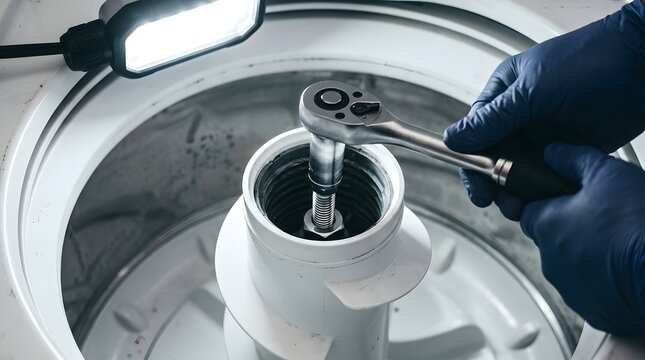 Repairman hands in blue gloves using a socket wrench to fix a white washing machine agitator with a work light
