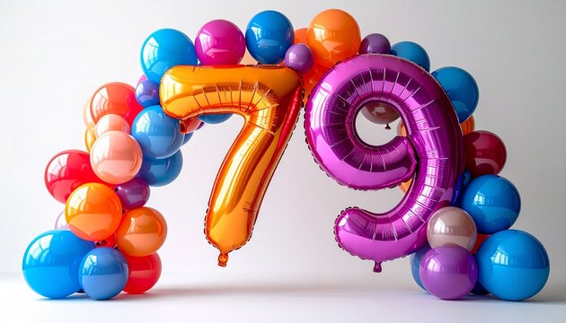 Colorful Balloon Arch with Number 79 for Celebration and Party