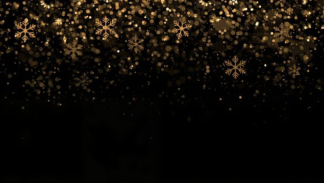 Golden snowflake and sparkle particles falling on a black background, evoking a magical winter celebration