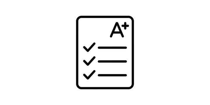 Grade exam paper document icon for education success and achievement.