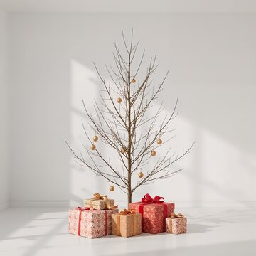 A minimalist Christmas tree with bare branches adorned with golden ornaments, standing beside a collection of beautifully wrapped gifts in a bright, modern room