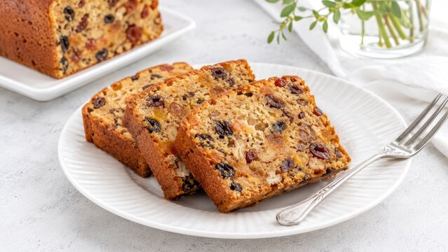 Slices of moist fruitcake loaf studded with raisins and candied fruit on a white plate with a fork