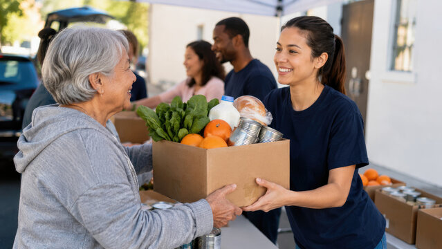 Volunteer hands a box of groceries with fresh produce and canned goods to a smiling elderly woman at an outdoor food bank distribution