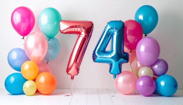 Colorful balloon arrangement celebrating seventy four years with party decor