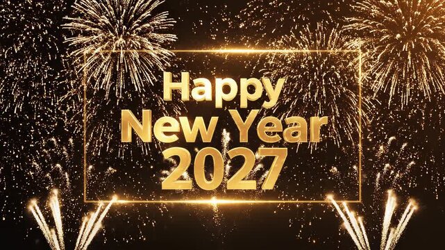 Golden Happy New Year 2027 fireworks celebration loop with sparkling light effects and elegant frame