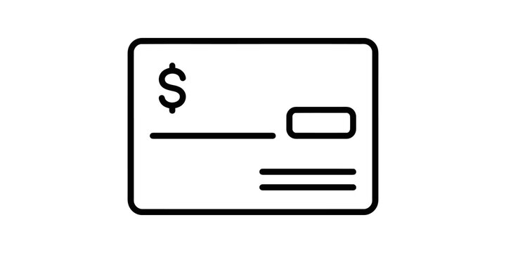 Bank check document icon black line art for financial payment record.
