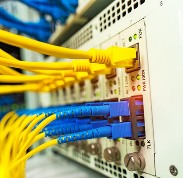 Fiber Optic cables connected to optic ports and UTP, Network cables connected to ethernet ports.