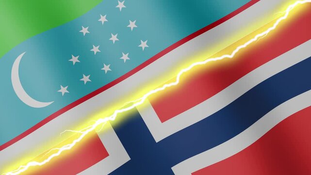 Two waving flags Uzbekistan and Norway with diagonal lightning seamless, 4k loop