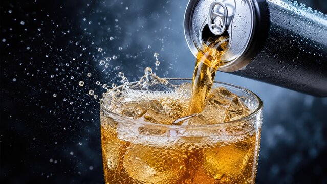 Close-up of cola being poured from a chilled aluminum can into an ice-filled glass, creating fizzy bubbles, condensation and dramatic splashing