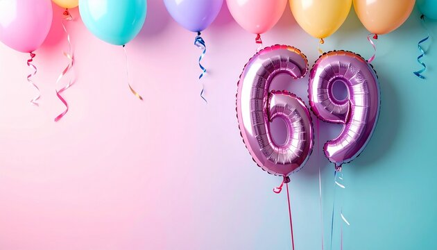 Colorful balloons and number sixty nine foil balloon for birthday banner