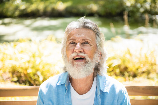 Senior man in the nice forest park sit on bench