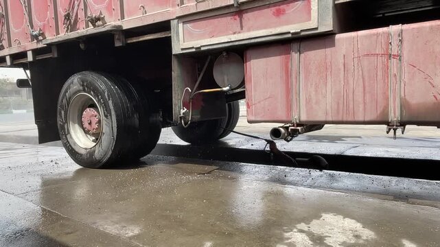 A large red dump trailer is washed underneath at a commercial wash, with water covering its wheels, frame, suspension, and lower body while runoff spreads across wet concrete floor. on site,