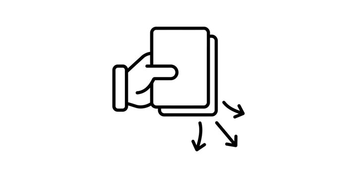 Hand holding paper cards black outline icon for sorting and sharing.